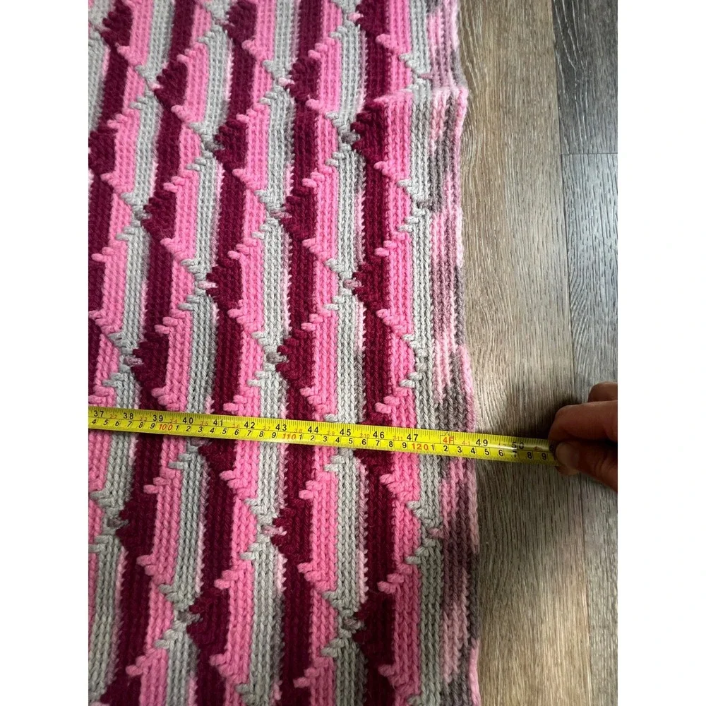 Vintage Crochet Throw Blanket Unisex OS Pink Grey Geometric Diamond Fringe